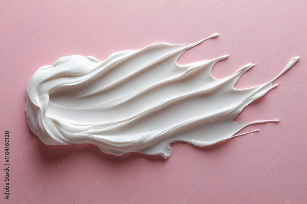 Artistic photo of a white, sticky consistency lotion, cream or cosmetic-like substance roughly painted on a blank background.