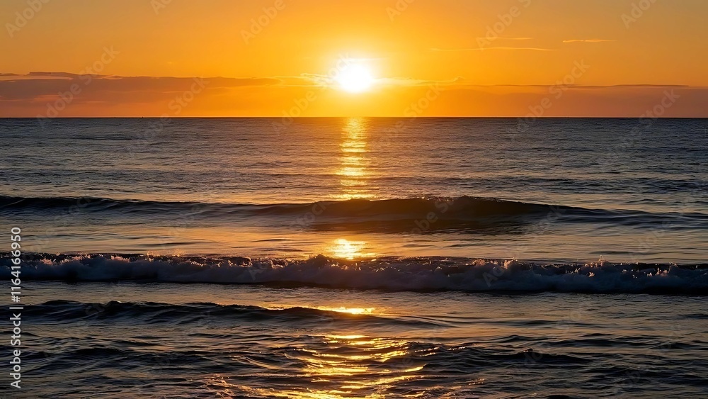 Obraz premium A panoramic view of ocean at sunset, with sun casting a golden glow on water