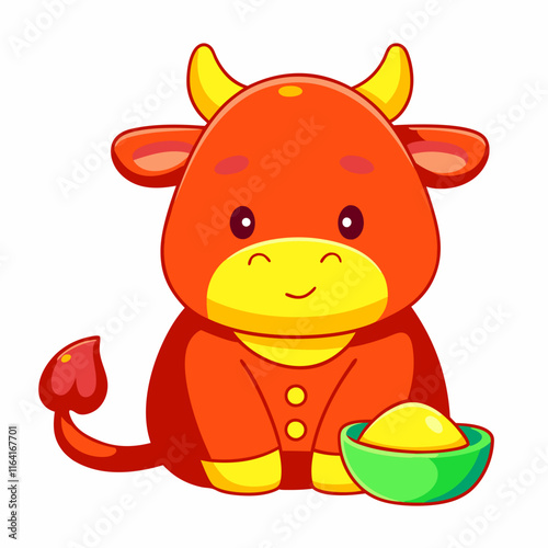Chinese new year celebration featuring cute red ox character festive atmosphere digital art whimsical style