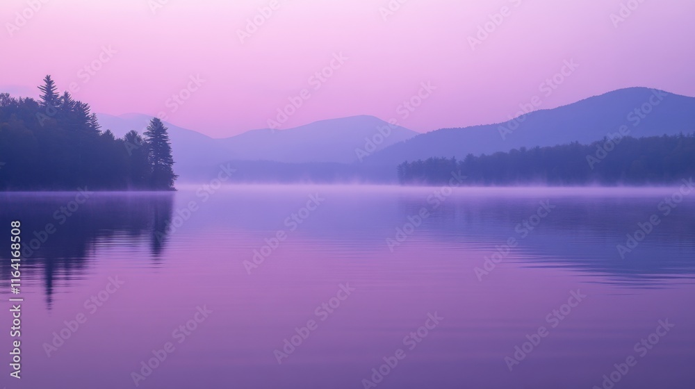 Fototapeta premium Serene Misty Lake at Dawn with Soft Purple Hues