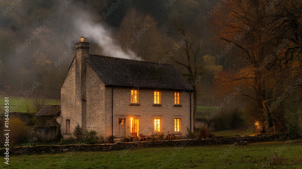 Cozy stone house at dusk with lit windows and smoking chimney. Cozy stone house at dusk with lit windows and smoking chimney.
