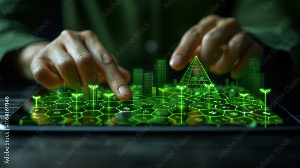 Obraz premium Hands interacting with a futuristic green holographic interface on a tablet, showing data points and a pyramid structure.