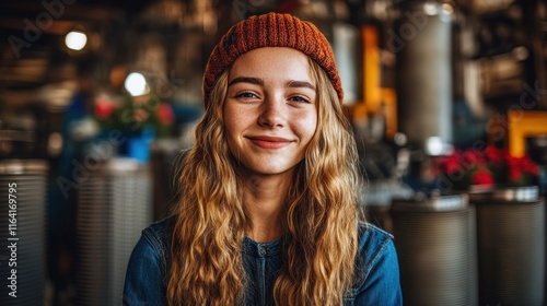 Wallpaper Mural Smiling young woman with wavy hair and a beanie. Torontodigital.ca