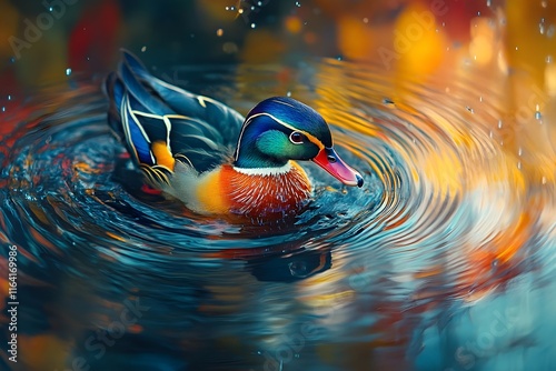 A male mandarin duck swimming leisurely in a pond in the forest, making waves.