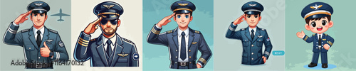 set of vector characters of a pilot saluting