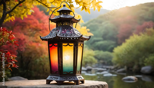 Colorful Lanterns in Beautiful Autumn Landscape with Japanese Architectural Style. created with generate AI