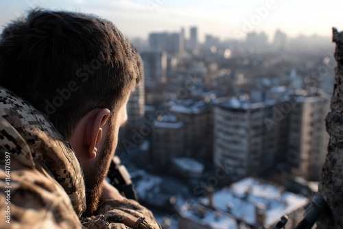 A soldier looking over a war-torn urban landscape, encapsulating the emotional weight of conflict and the harsh realities present in a world torn apart by warfare. photo