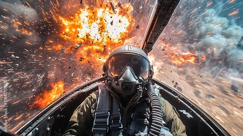 pilot POV of ejecting from a damaged aircraft in war subject gripping POV of a pilot ejecting from a burning aircraft with intense smoke and fire below additional artistic style traits dramatic