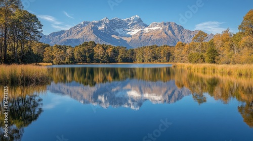 Majestic mountain reflections on a calm lake during a clear winter morning