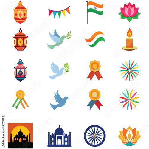 indian national days related icon set vector bundle