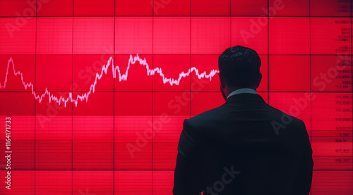 A businessman stands before a red screen displaying a declining stock market graph, reflecting a sense of concern and urgency in financial trading. photo