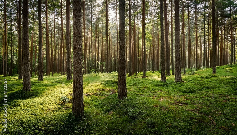 Naklejka premium A serene pine forest close-up, emphasizing the texture and shades of green, evoking a sense of tranquility.