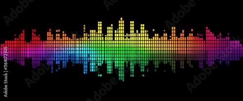 Abstract equalizer with colorful sound waves and digital elements in a vibrant, tech-inspired design