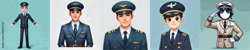 vector set of smiling pilot characters vector set of smiling pilot characters