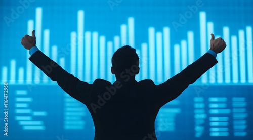 A silhouette of a businessperson celebrating success with raised arms against a backdrop of financial data and graphs.