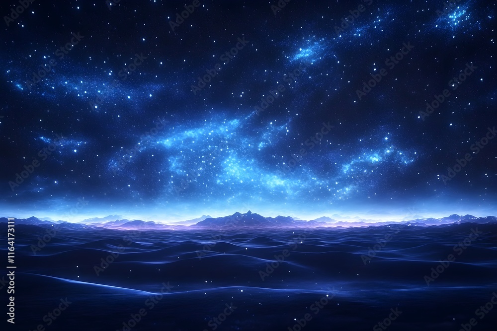 Fototapeta premium This is an emotional photo of a sky full of twinkling blue stars and a mountain range visible in the distance below.