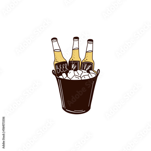 Beer bottles in bucket with ice. Alcohol beverages, ale, lager and ipa, craft foam barrel or brewery. Oktoberfest festival symbols. Different pub and bar drinks. Vector flat isolated illustration