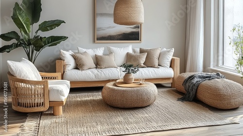 Cozy living room with natural elements and neutral tones in a modern home