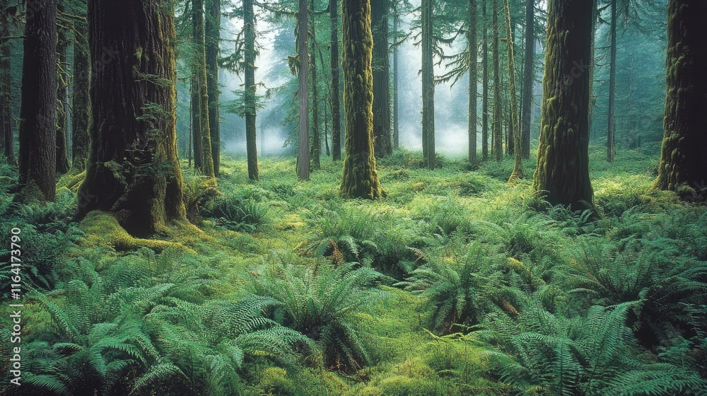 Fototapeta premium Misty forest scene with lush ferns and moss-covered trees.