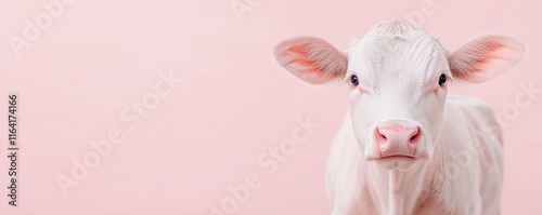 Adorable white calf portrait on pink background, close up of young dairy cow face with pink nose and ears. Studio shot with soft lighting, perfect for feminine farm themes. 8k photo