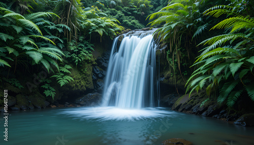 Majestic waterfall cascading into a tranquil pool surrounded by lush green ferns
