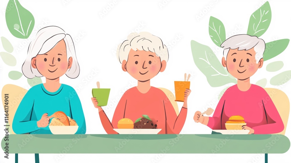 Cheerful seniors enjoying dessert and snacks together at a vibrant table setting Cheerful seniors enjoying dessert and snacks together at a vibrant table setting