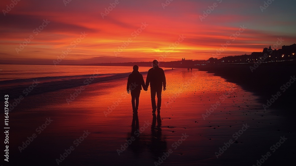 Fototapeta premium Couples walk hand in hand along the beach during a vibrant sunset reflecting on the water