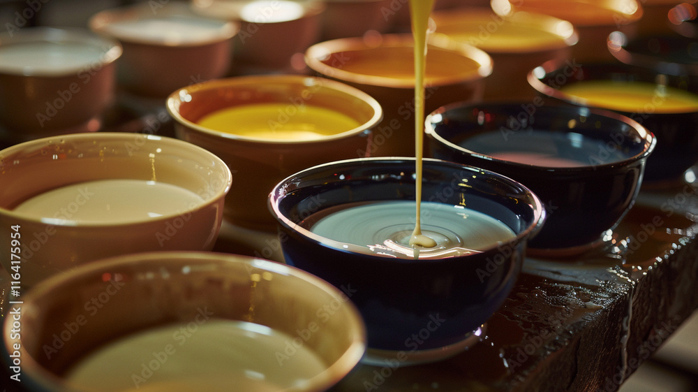 Glazing Process on Ceramic Bowls: Pottery bowls immersed in glaze, representing the meticulous work involved in ceramic coloring techniques. Glazing Process on Ceramic Bowls: Pottery bowls immersed in glaze, representing the meticulous work involved in ceramic coloring techniques.