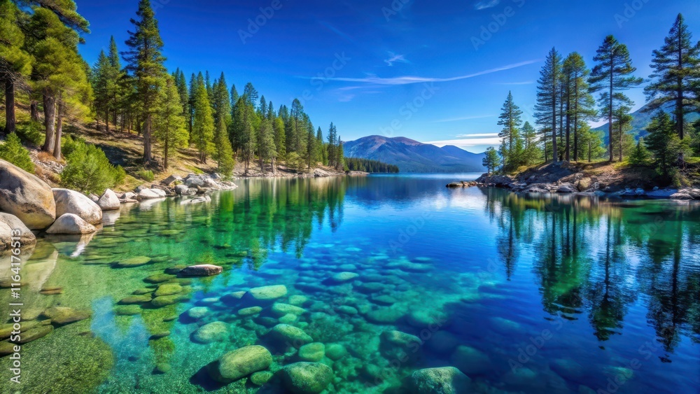 Crystal clear water of Lake Tahoe Cove reflecting vibrant blue sky with pine trees surrounding the shore, peaceful atmosphere, serene lake scene , nature, aqua blue Crystal clear water of Lake Tahoe Cove reflecting vibrant blue sky with pine trees surrounding the shore, peaceful atmosphere, serene lake scene , nature, aqua blue