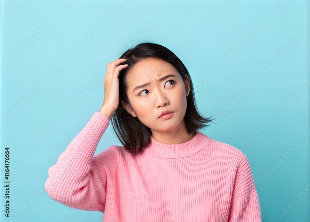 Young Asian Woman Puzzled and Scratching Head – Studio Portrait on Light Blue Background Young Asian Woman Puzzled and Scratching Head – Studio Portrait on Light Blue Background