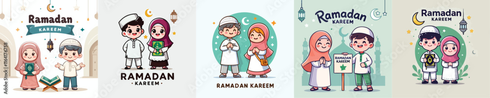 set Vector Illustration Of Muslim Kids Celebrating Ramadan in flat design style set Vector Illustration Of Muslim Kids Celebrating Ramadan in flat design style