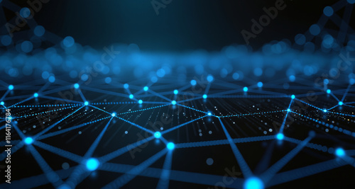 A dark background with a network of blue dots and lines, representing blockchain technology and digital connectivity.