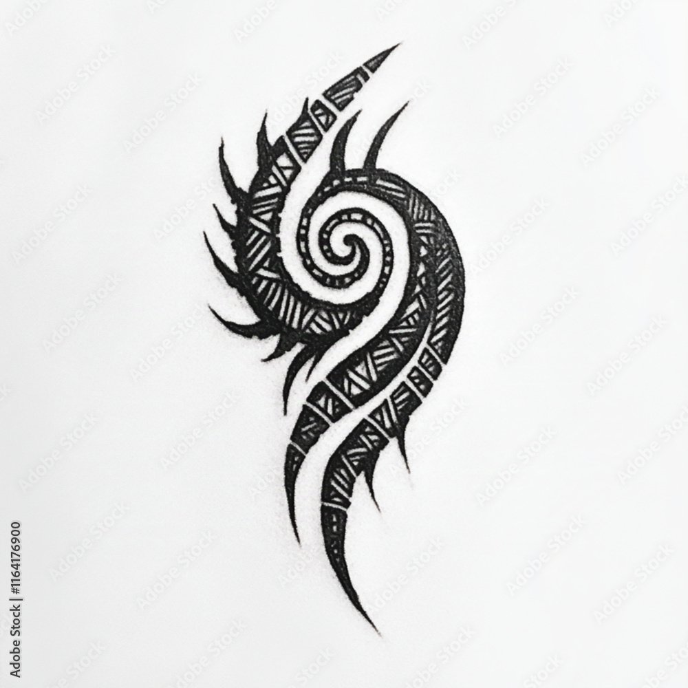 Naklejka premium Colymar tattoo reflects the tribe’s proud heritage and deep connection to traditions, blending storm motifs like spirals and lightning bolts with sacred animal imagery such as a stylized bull or stag.
