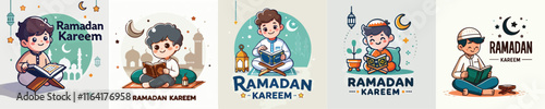 set Vector Illustration Of Muslim Kids Celebrating Ramadan in flat design style