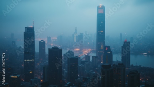 Shanghai Skyline Shrouded in Misty Twilight photo