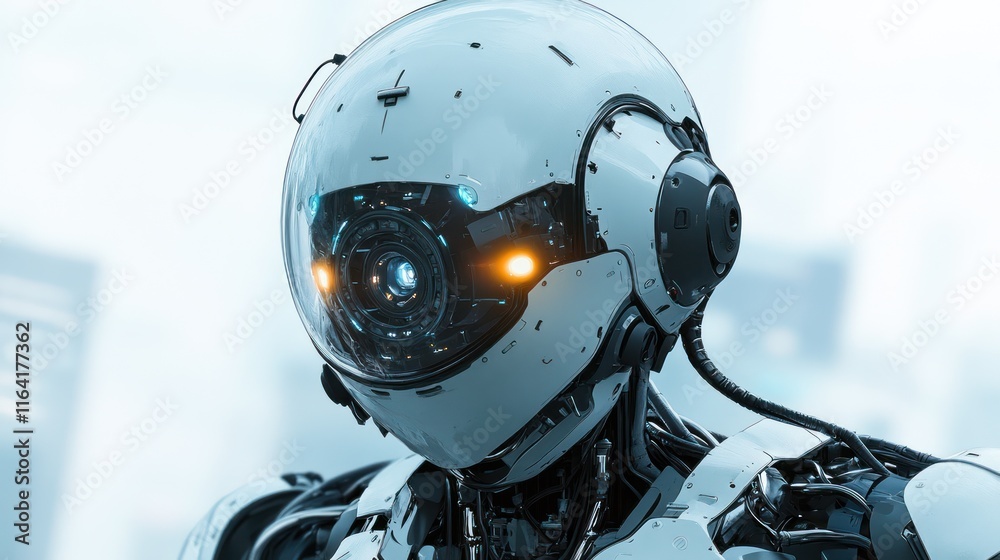 Fototapeta premium Close-up of a futuristic robot head with glowing eyes, set against a blurred cityscape background.