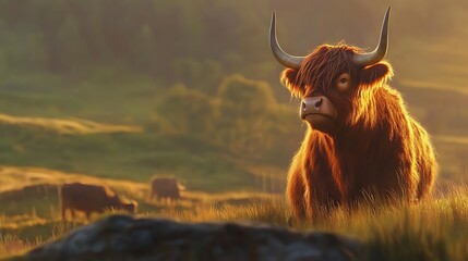 Tableau sur aluminium  Highland cow in a golden sunrise meadow. Majestic Highland cattle in a scenic landscape, bathed in warm sunlight.  © arinda_BJ