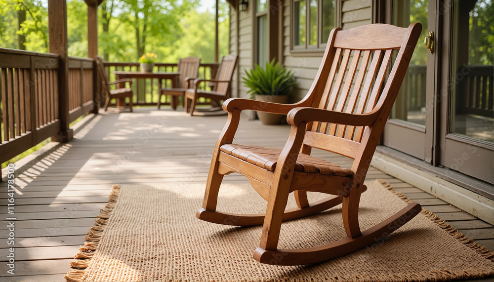 Rocking chair on a porch, inviting atmosphere, warm sunlight filtering through trees Rocking chair on a porch, inviting atmosphere, warm sunlight filtering through trees