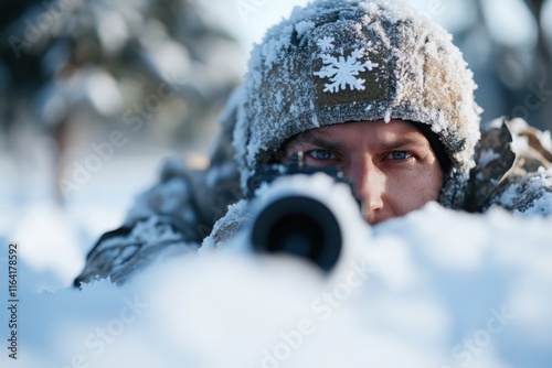 A soldier with frost on his gear is lying in snow, ready to take aim, showcasing determination and focus amidst the challenges of military life in severe winter conditions. photo