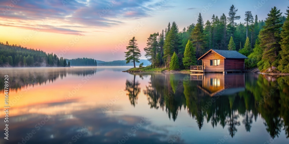 Fototapeta premium Cabin on a lake in Algonquin Provincial Park at dawn, natural beauty, lake, natural beauty, lake, solitude