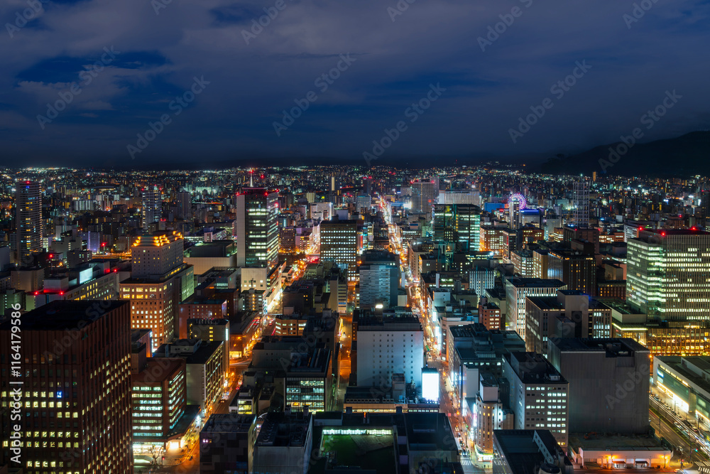 sunset or sun rise of Sapporo cityscape with Skyline and office building and downtown of sappiro is populars ciy from toursim Hokkaido, Japan with twilight sky in spring season