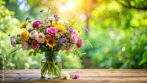 Colorful mix of fresh flowers in a elegant vase surrounded by lush greenery and placed on a wooden table with soft natural light filtering through , vase, wooden table