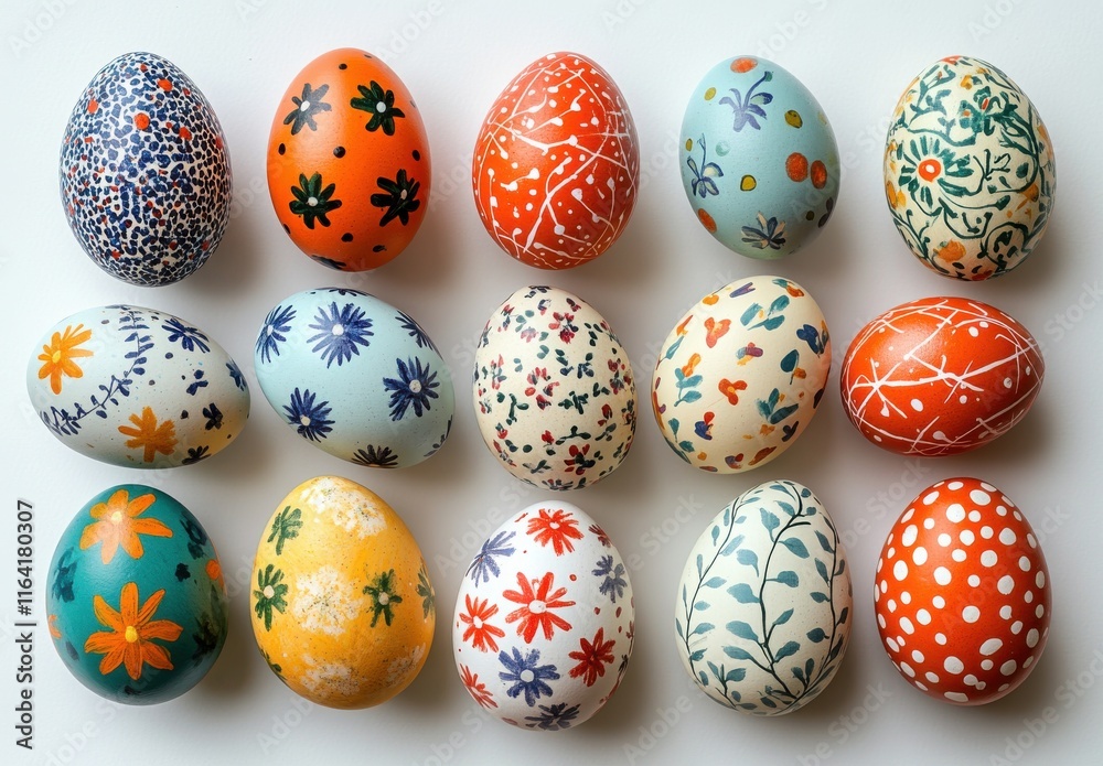 A Colorful Collection of Hand-Painted Easter Eggs with Intricate Designs and Patterns Decoratively Arranged on a Light Background for Spring Celebrations A Colorful Collection of Hand-Painted Easter Eggs with Intricate Designs and Patterns Decoratively Arranged on a Light Background for Spring Celebrations