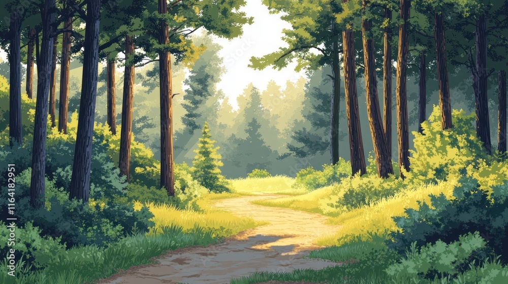 Fototapeta premium Sunlit path winding through a lush green pine forest.