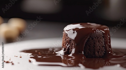 A close-up of a chocolate lava cake oozing molten chocolate, surrounded by subtle shadows on a light surface. photo