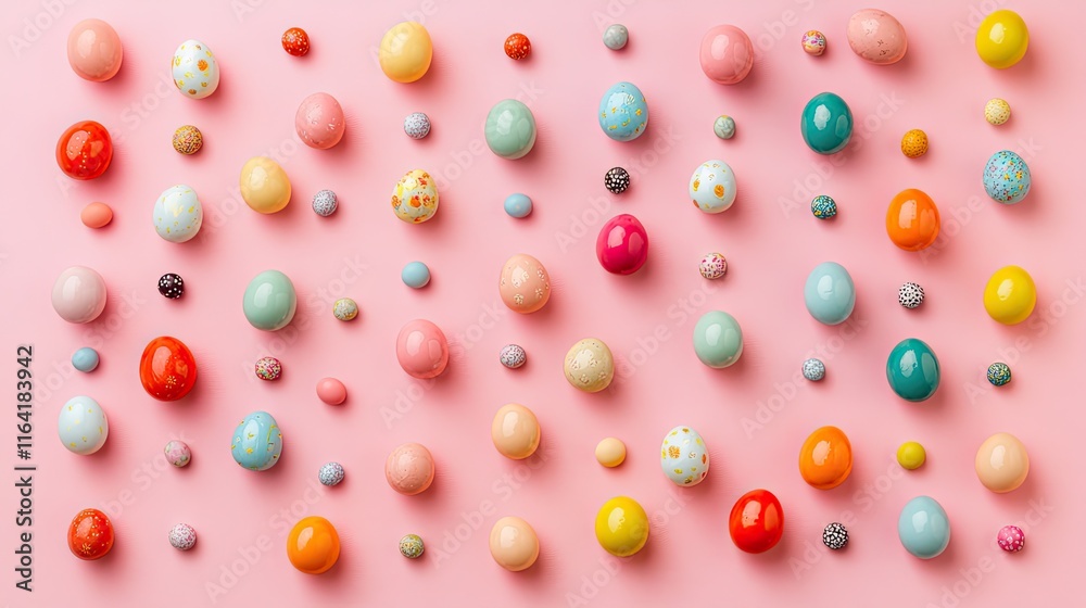 A colorful collection of Easter eggs scattered on a soft pastel pink background, creating a modern and cheerful layout.