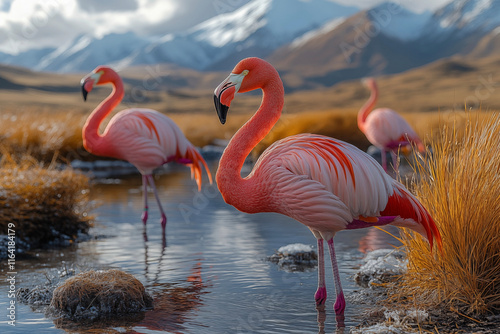 Graceful pink flamingo captured in a stunning close-up, highlighting its vibrant feathers, elegant curves, and serene beauty. A perfect representation of nature’s artistry. photo