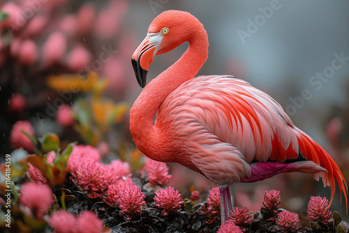 Graceful pink flamingo captured in a stunning close-up, highlighting its vibrant feathers, elegant curves, and serene beauty. A perfect representation of nature’s artistry. photo