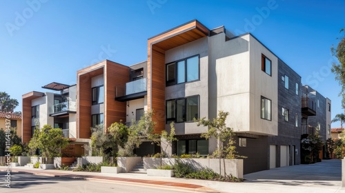 Modern apartment building with wood and concrete facade, sunny day.