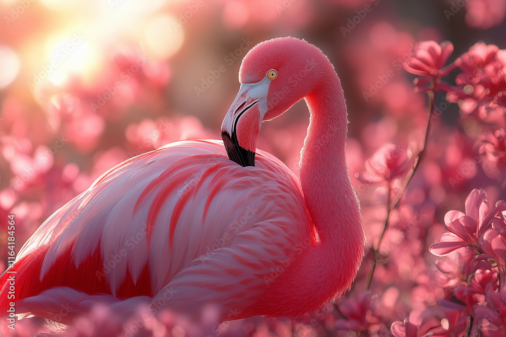 Fototapeta premium Graceful pink flamingo captured in a stunning close-up, highlighting its vibrant feathers, elegant curves, and serene beauty. A perfect representation of nature’s artistry.